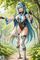 A woman with long blue hair standing in the woods.