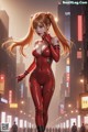 A woman in a red latex outfit standing in the middle of a city.